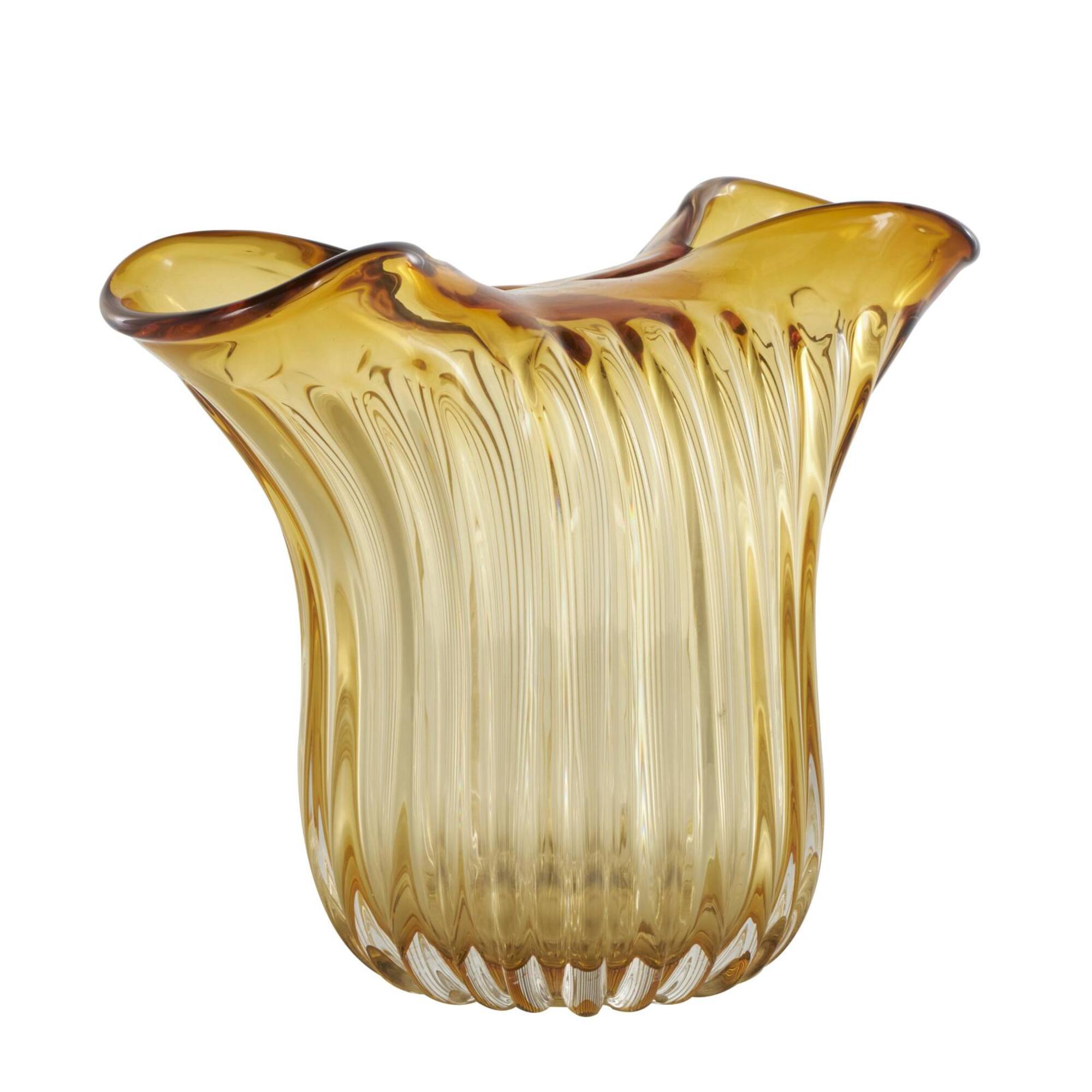 14" Orange Glass Ribbed Ombre Vase with Folded Curve Opening
